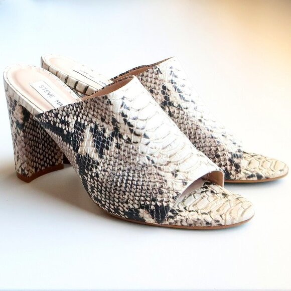 Steve Madden Cream & Black Esmeralda Snakeskin Peep Toe Mules / Slip On Sandals - Picture 16 of 16